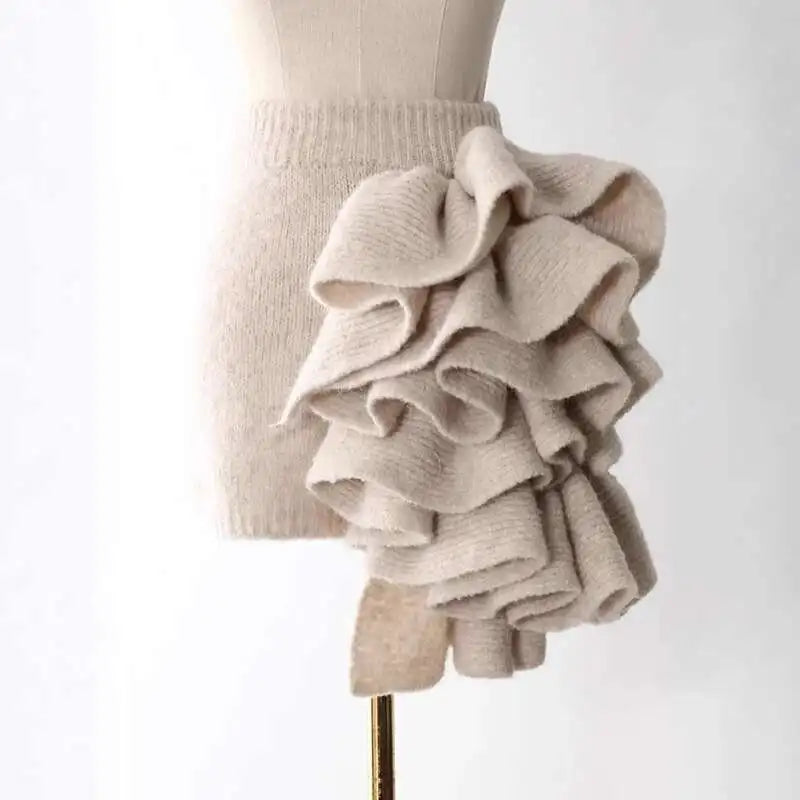 NastyENF Effortless Long Sweater Coat with Three Dimensional Flower Mini Skirt and Knitted Cardigan