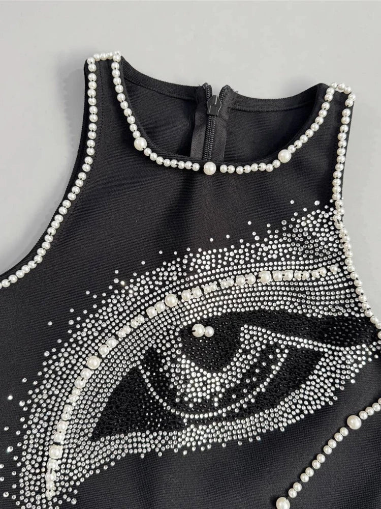 NastyENF Smooches Sexy O Neck Pearl and Diamonds Beaded Bandage Dress