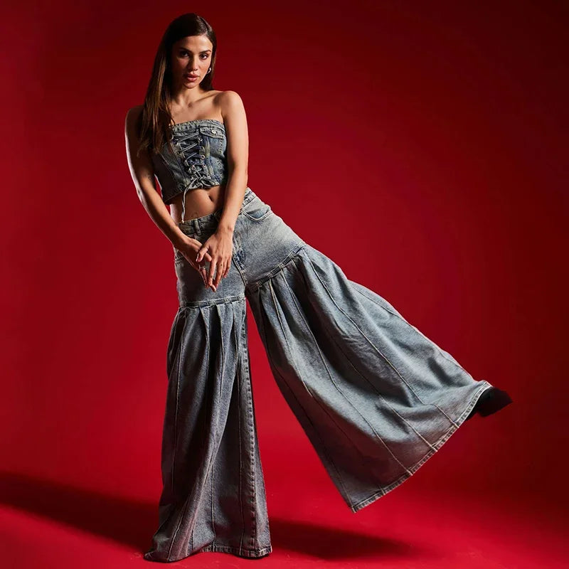 NastyENF Eruption Denim Flare Pant Set with Bandage Tube Crop Top