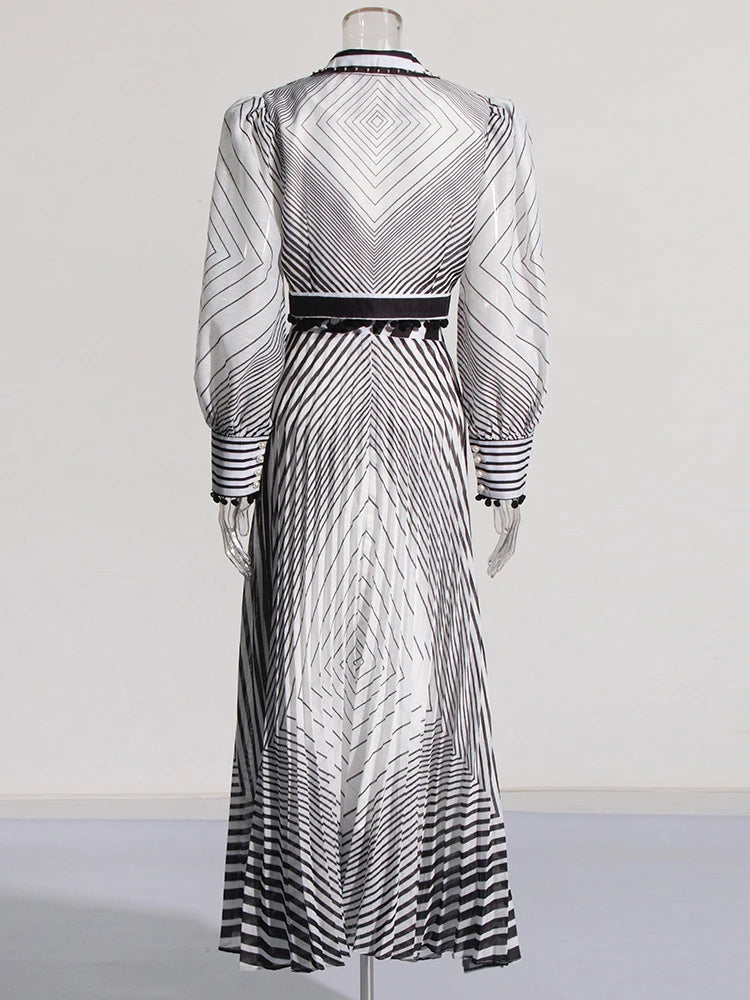 NastyENF Peripheral Striped V Neck Lantern Sleeve Top and High Waist A Line Skirt