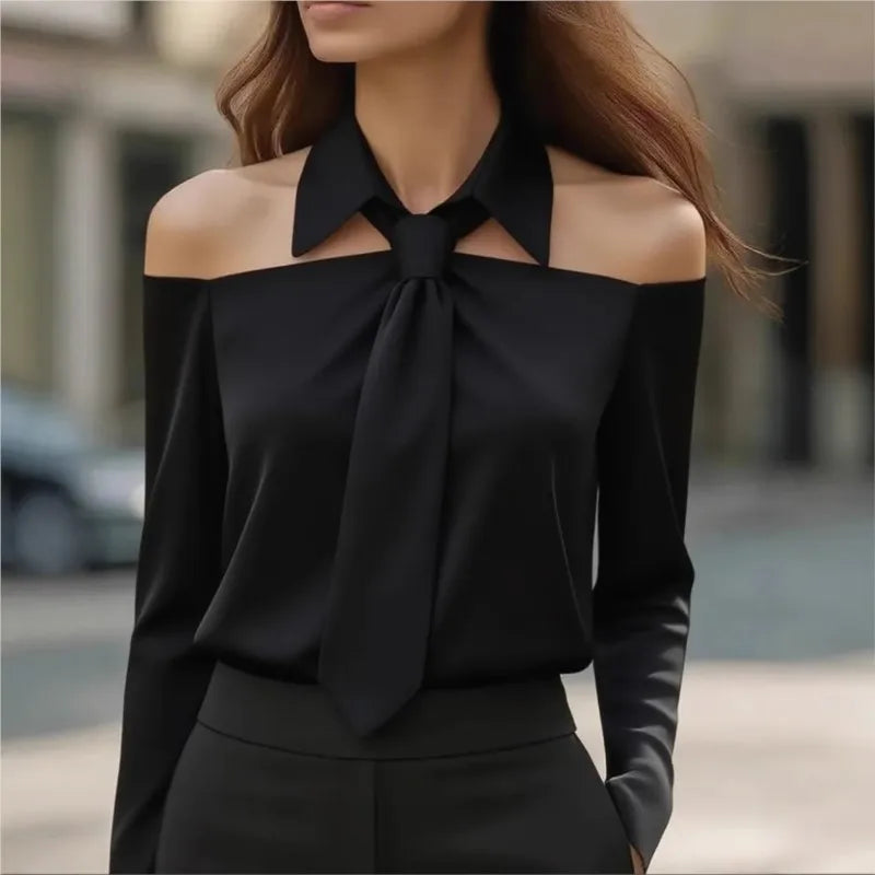 NastyENF Cut Him Off Elegant Off Shoulder Blouse with Necktie