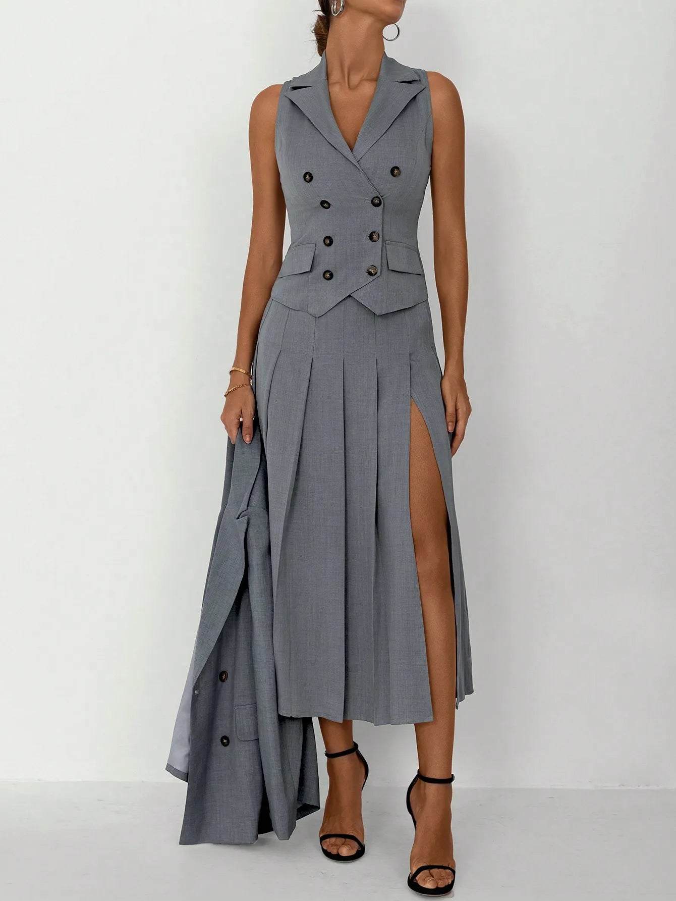 NastyENF Three Peat Elegant Three Piece Business Suit Set with Vest and Pleated Midi Skirt