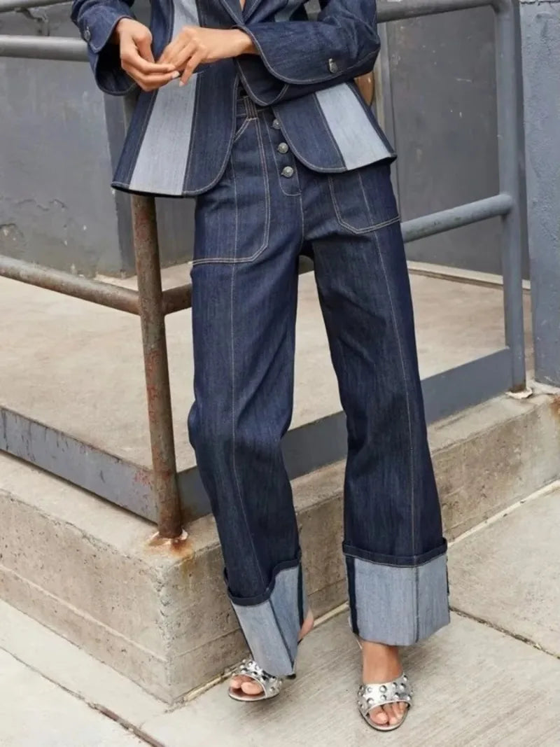 NastyENF TGIF Patchwork Jean Set with Loose Bottoms and Deep V-Neck