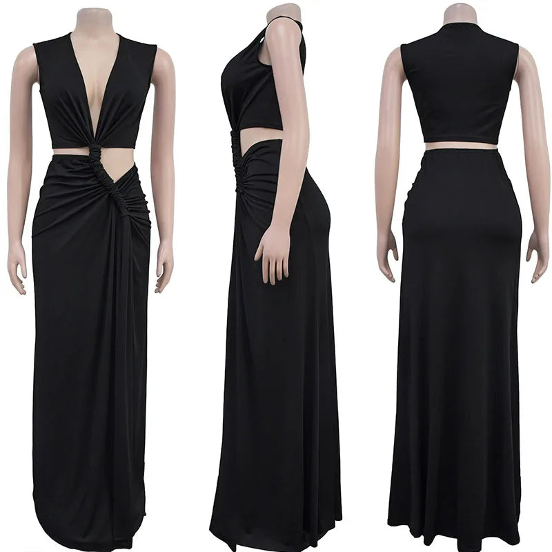 NastyENF All Tied Up Sexy V-neck Ruched Maxi Dress with High Split