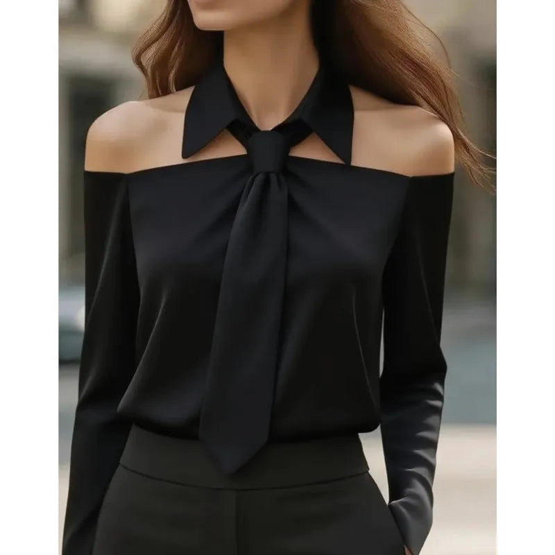 NastyENF Cut Him Off Elegant Off Shoulder Blouse with Necktie