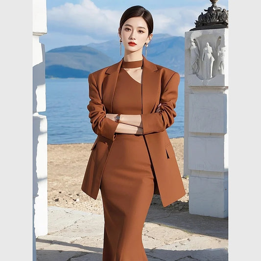 NastyENF Classified Skirt Set with Elegant Blazer+Halter Neck Midi Dress