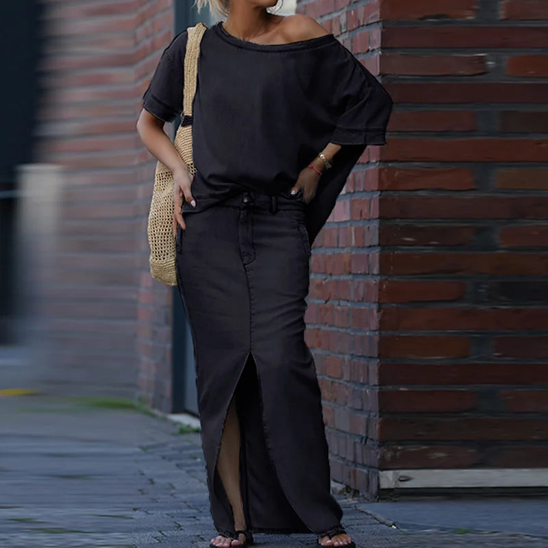 NastyENF Unbothered Skew Collar Two Piece Casual Skirt Suit