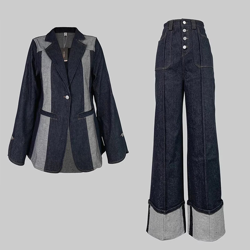 NastyENF TGIF Patchwork Jean Set with Loose Bottoms and Deep V-Neck