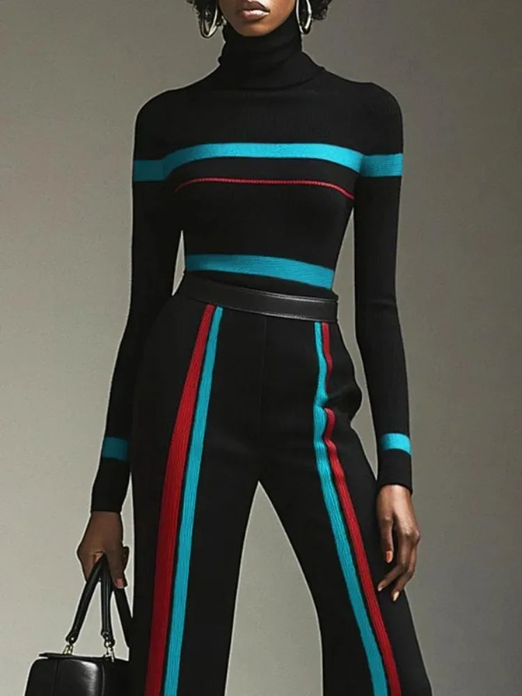 NastyENF Cozy Days Contrast Color Striped Turtleneck Sweater and High Waist Straight Pants
