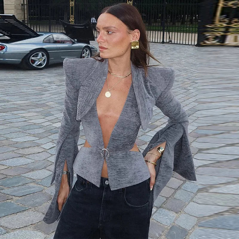 NastyENF Executive Decisions Sexy Deep V-neck Woolen Jacket with Flare Sleeve