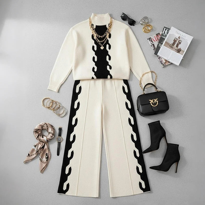 NastyENF Equity Warm Knitting Sweater Set with High Waisted Contrast Color Pants