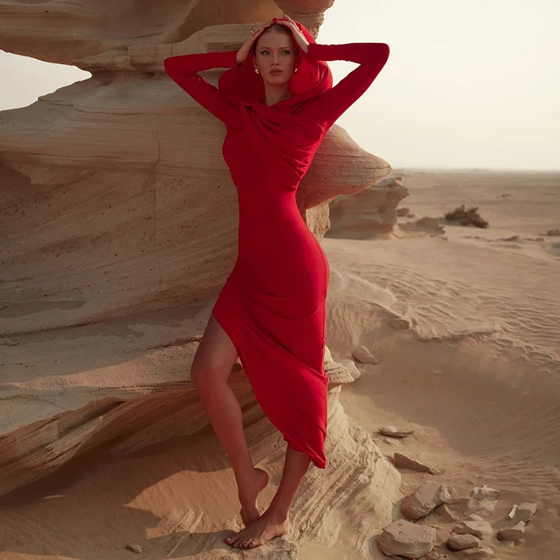 NastyENF Red Riding Hood Sexy Pleated Bodycon Hoodie Dress