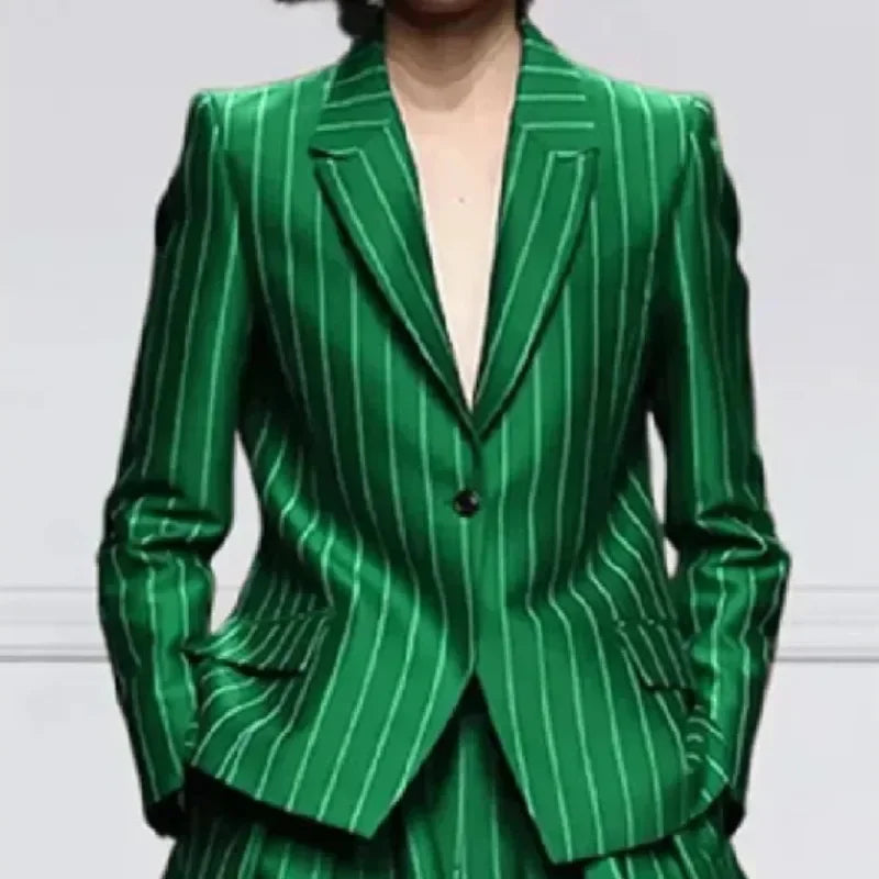 NastyENF Get In Line Striped Long Sleeve Blazer with Notched Collar & High Waist Wide Leg Pants