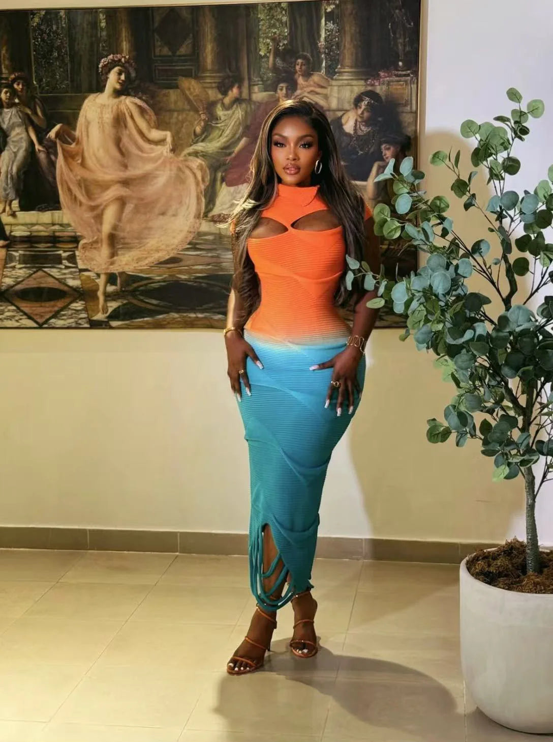 NastyENF Radiance Sexy Long Gradient Knitted Sweater Dress with Cutout detail