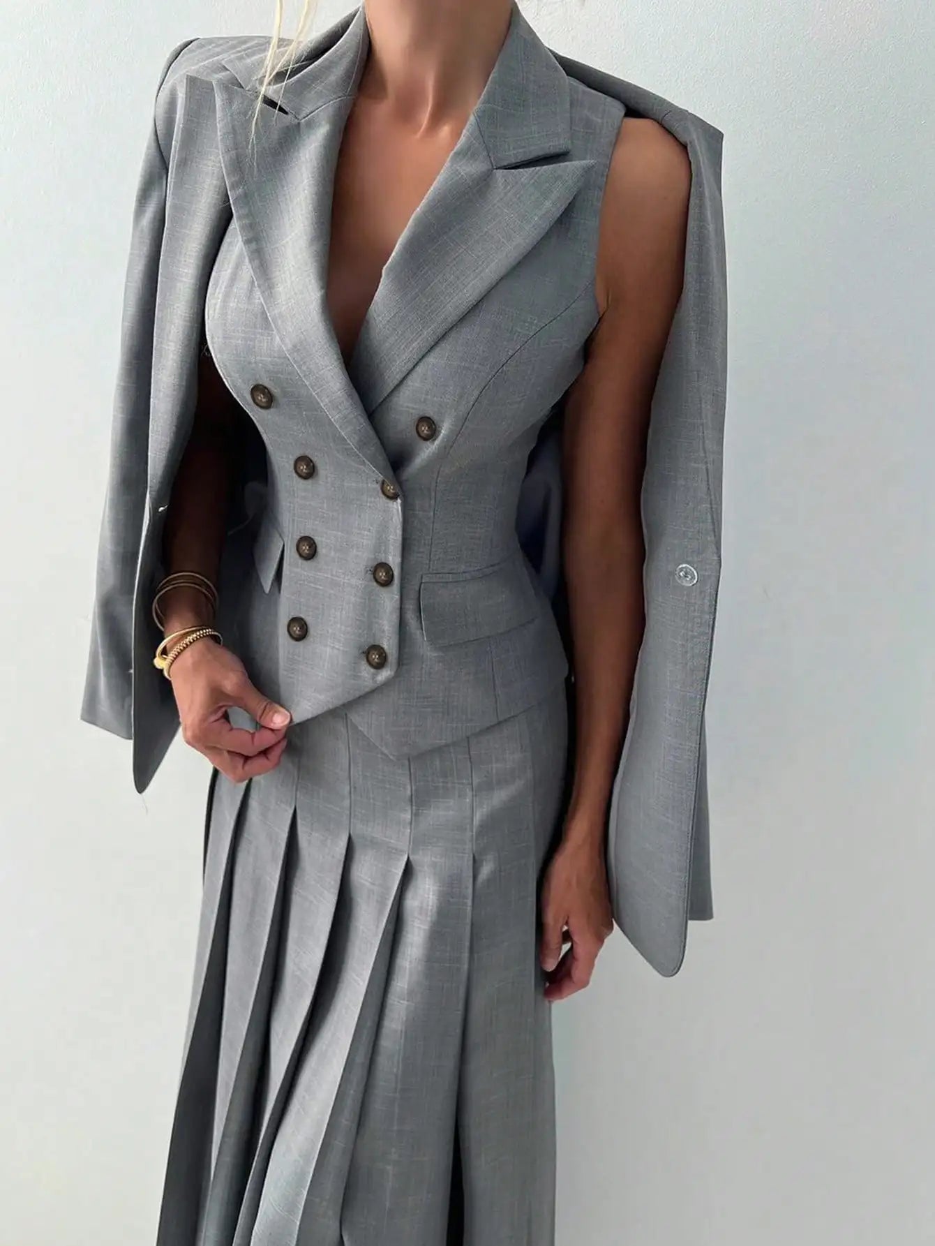 NastyENF Three Peat Elegant Three Piece Business Suit Set with Vest and Pleated Midi Skirt