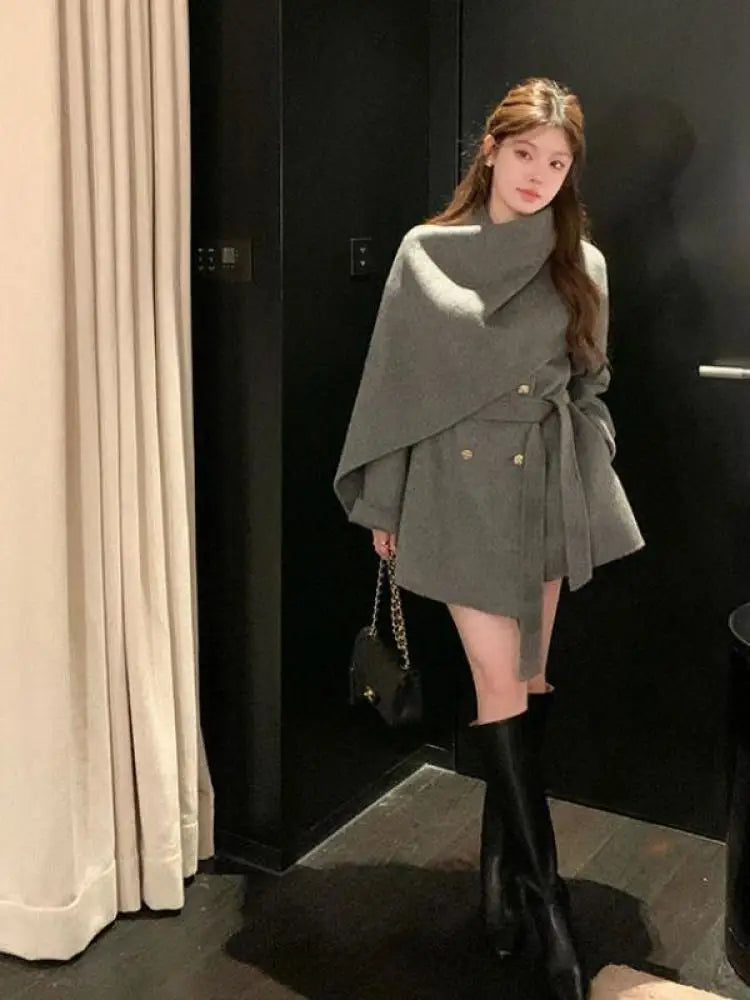 NastyENF Sidetracked  Double Breasted Lace-up Coat with Shawl Scarf