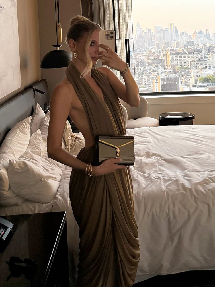 NastyENF Draping Ruched Halter Maxi Dress with Irregular Hem