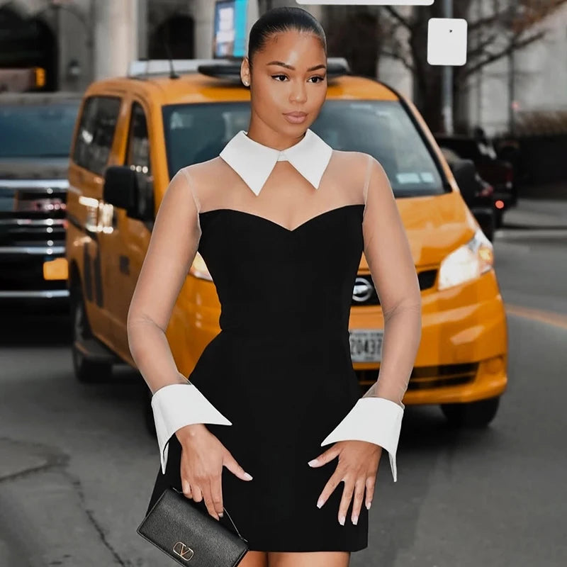 NastyENF Never Basic New Lapel Mesh Patchwork A-Line Dress