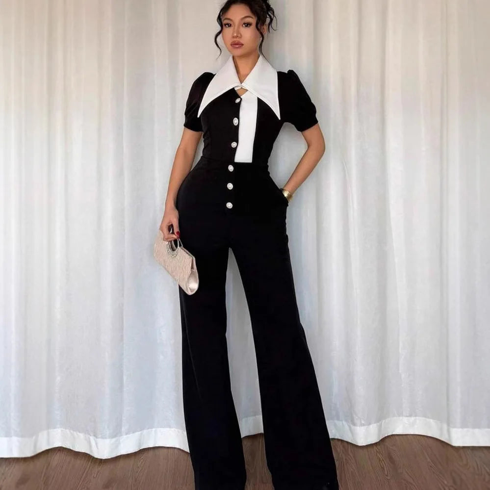 NastyENF Jest Because Short Sleeve Patchwork Wide Leg Jumpsuit