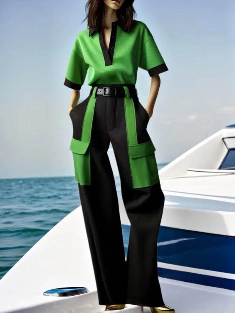 NastyENF Contrary Contrast Color V-Neck Blouse and Pocket Trousers (No belt included)