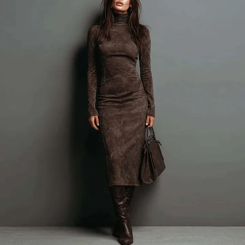 NastyENF Chocolate Drops Retro Suede Turtleneck High Waist Party Dress