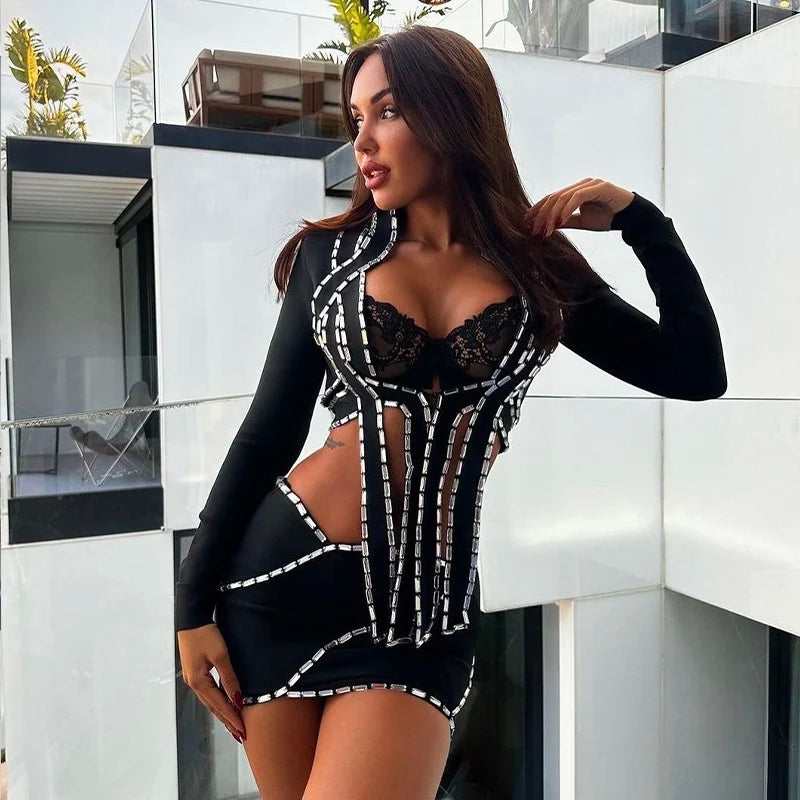 NastyENF Unapologetic Shining Crystal Bodycon Skirt Set