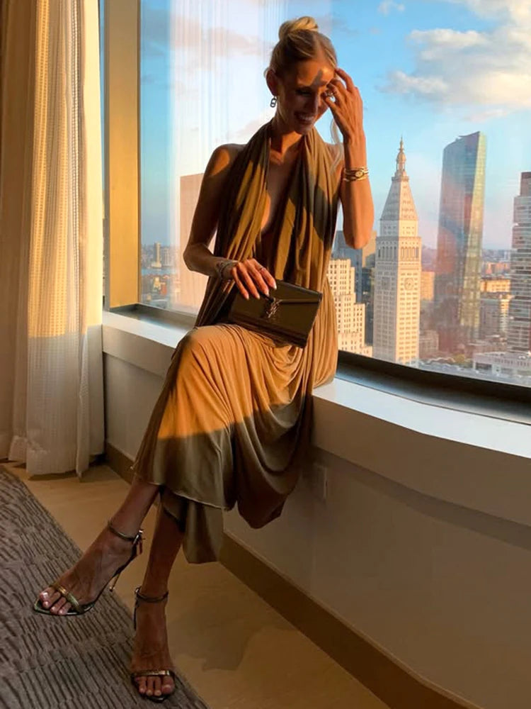 NastyENF Draping Ruched Halter Maxi Dress with Irregular Hem