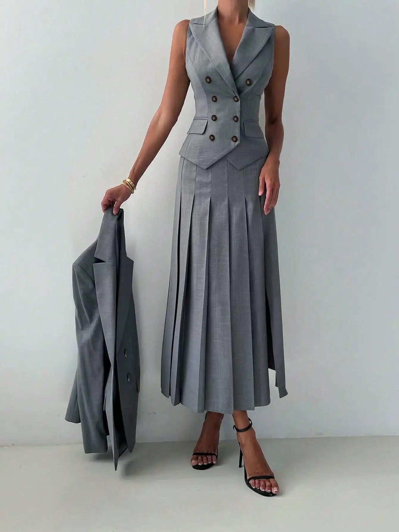 NastyENF Three Peat Elegant Three Piece Business Suit Set with Vest and Pleated Midi Skirt