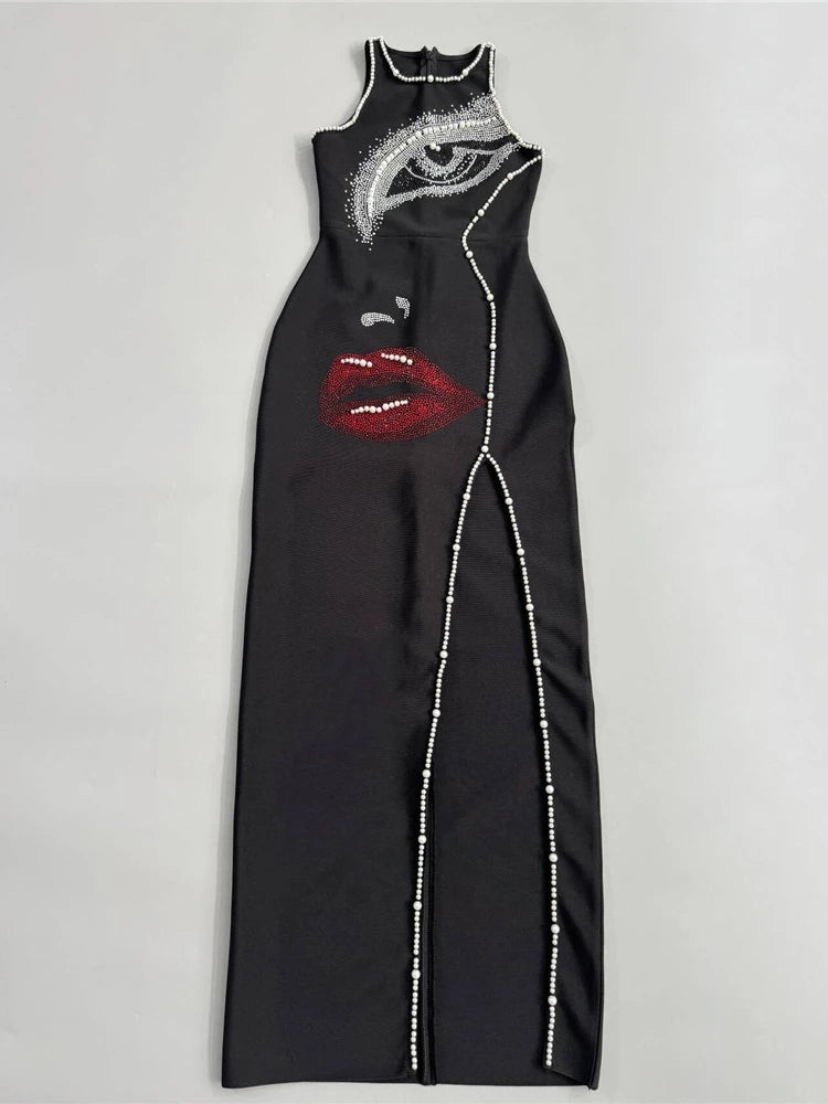 NastyENF Smooches Sexy O Neck Pearl and Diamonds Beaded Bandage Dress