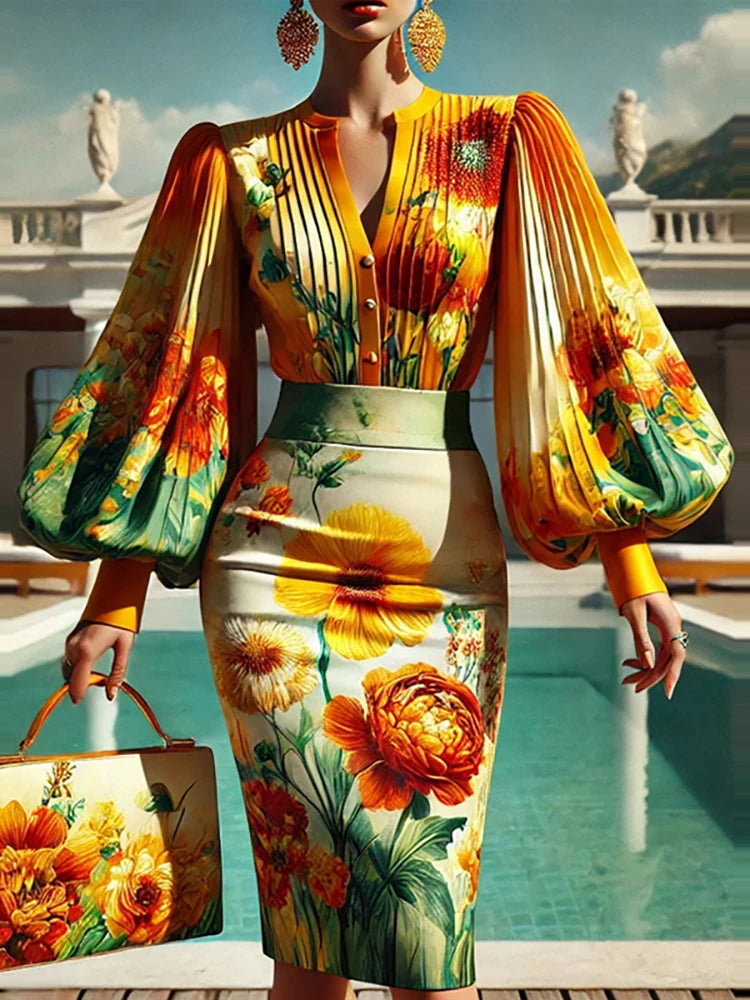 NastyENF Up and Coming Sexy Floral Print Two Piece Set with Lantern Sleeve