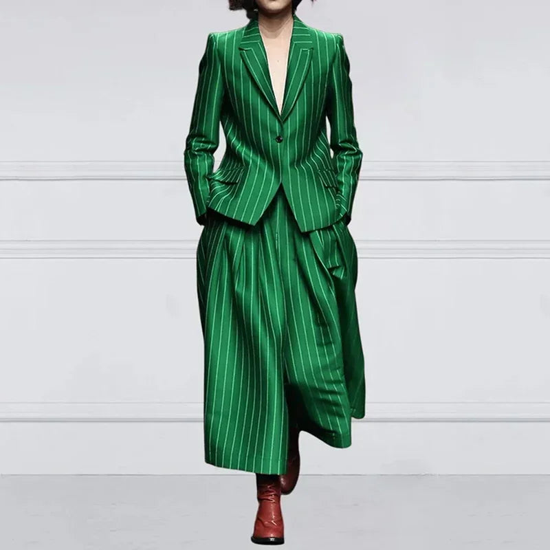 NastyENF Get In Line Striped Long Sleeve Blazer with Notched Collar & High Waist Wide Leg Pants