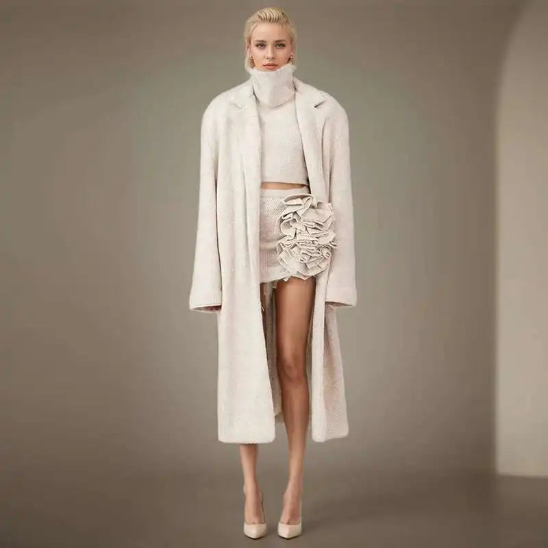 NastyENF Effortless Long Sweater Coat with Three Dimensional Flower Mini Skirt and Knitted Cardigan
