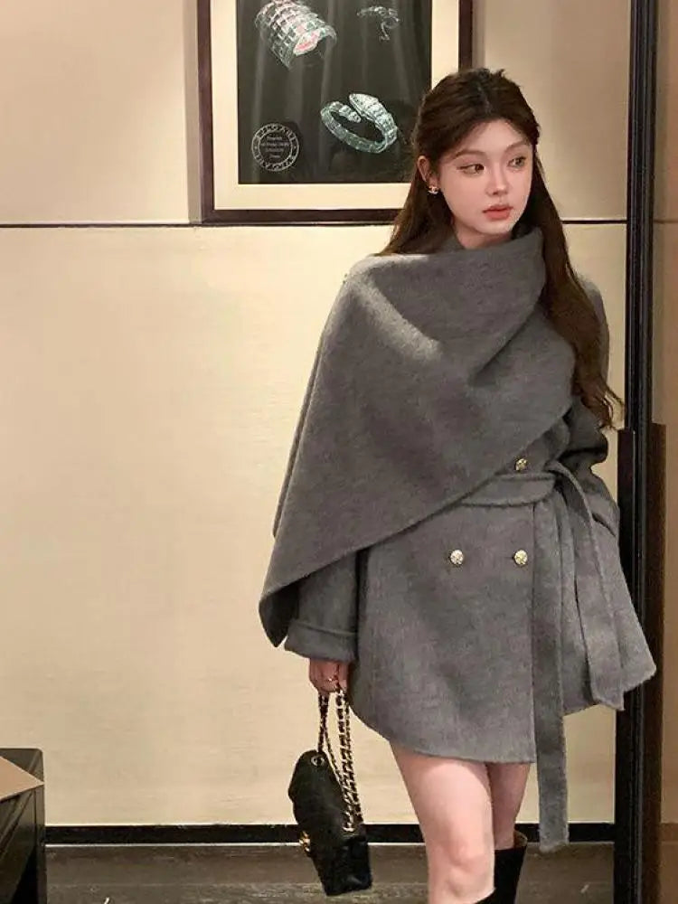 NastyENF Sidetracked  Double Breasted Lace-up Coat with Shawl Scarf