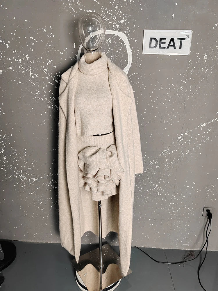 NastyENF Effortless Long Sweater Coat with Three Dimensional Flower Mini Skirt and Knitted Cardigan