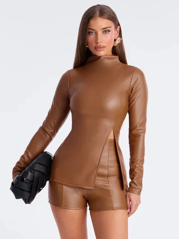 NastyENF Short Term Faux Leather 2 Piece Short Set with Full Sleeve and Side Split