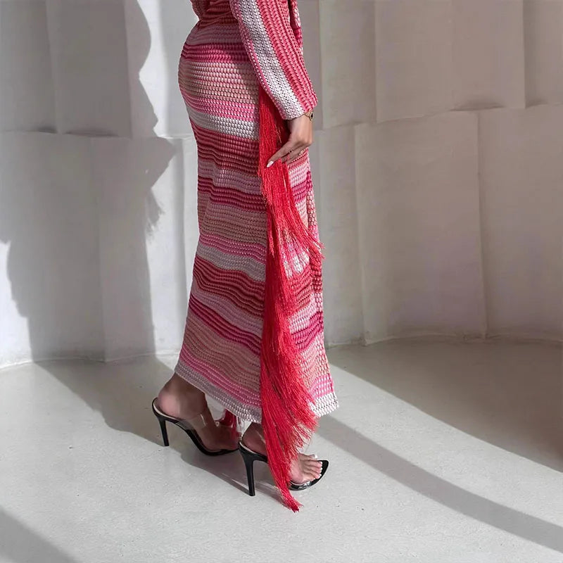 NastyENF Visionary Elegant V-neck Draped Wrap with Stripes and Tassel Detail