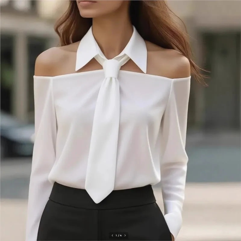 NastyENF Cut Him Off Elegant Off Shoulder Blouse with Necktie