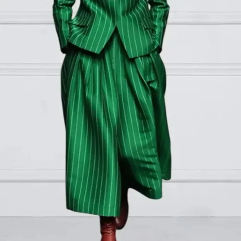 NastyENF Get In Line Striped Long Sleeve Blazer with Notched Collar & High Waist Wide Leg Pants