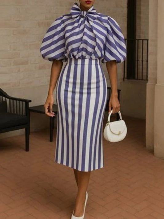 NastyENF Bow Down Long Striped Skirt Set with Puff Sleeves and Bow