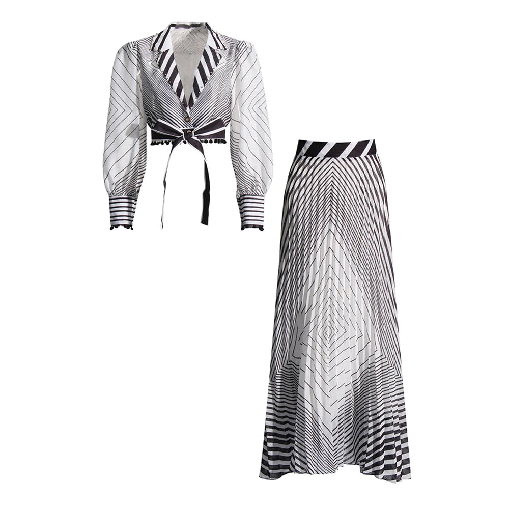 NastyENF Peripheral Striped V Neck Lantern Sleeve Top and High Waist A Line Skirt