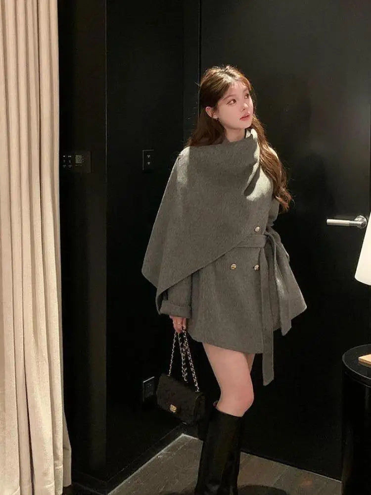 NastyENF Sidetracked  Double Breasted Lace-up Coat with Shawl Scarf