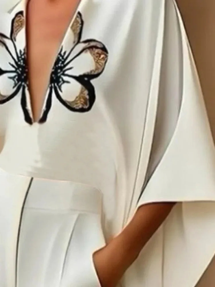 NastyENF Blossoms High-Low Flower Print V-Neck Top and Casual Wide Leg Pants with Pockets