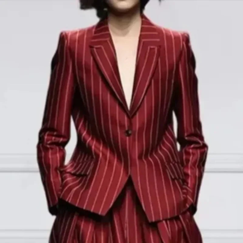 NastyENF Get In Line Striped Long Sleeve Blazer with Notched Collar & High Waist Wide Leg Pants