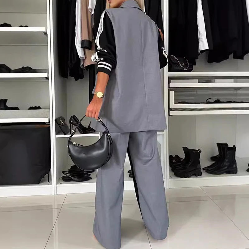 NastyENF Out Of Office Double Breasted Color Blocked Blazer Pants Suit