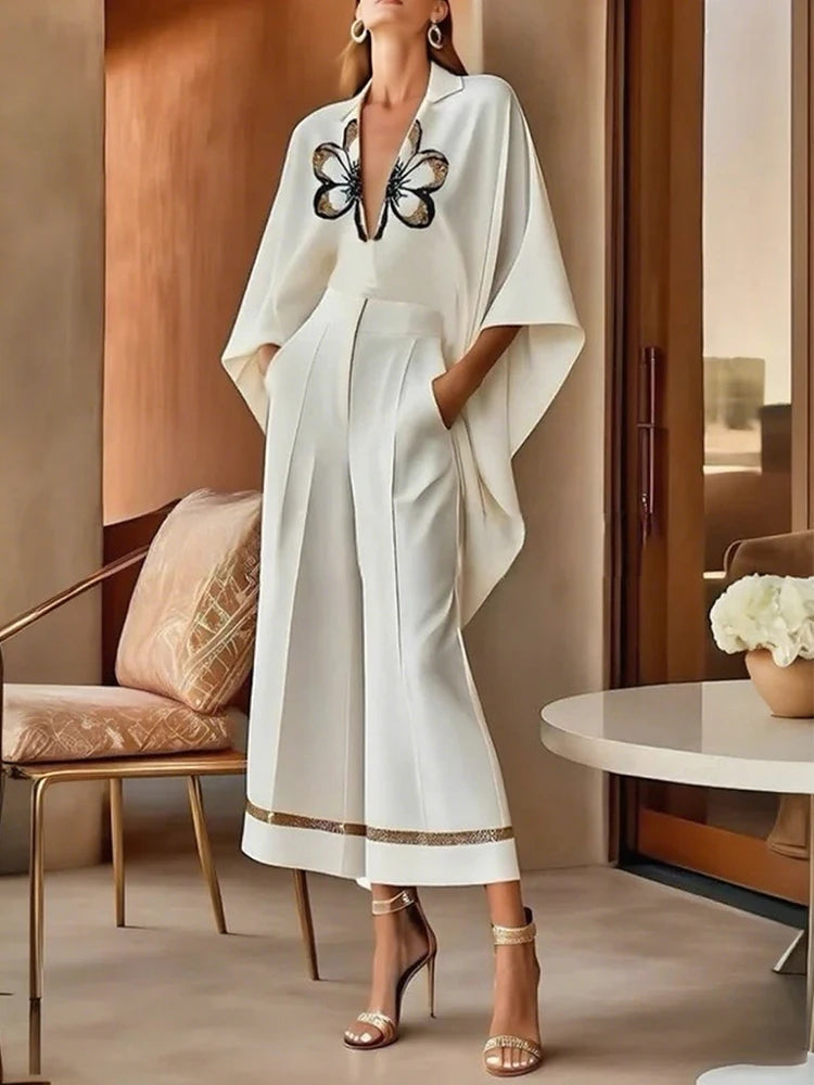 NastyENF Blossoms High-Low Flower Print V-Neck Top and Casual Wide Leg Pants with Pockets