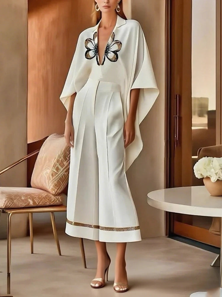 NastyENF Blossoms High-Low Flower Print V-Neck Top and Casual Wide Leg Pants with Pockets