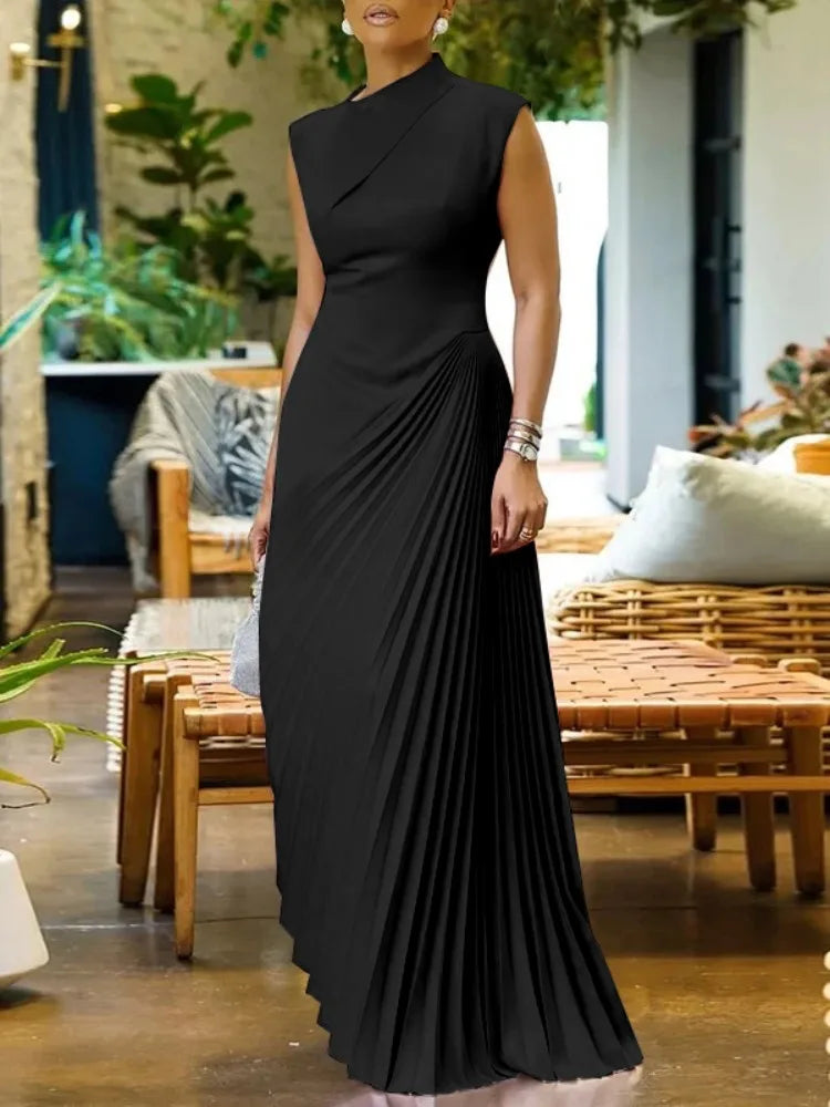 NastyENF Fanned Out High Neck Pleated Floor Length Evening Dress