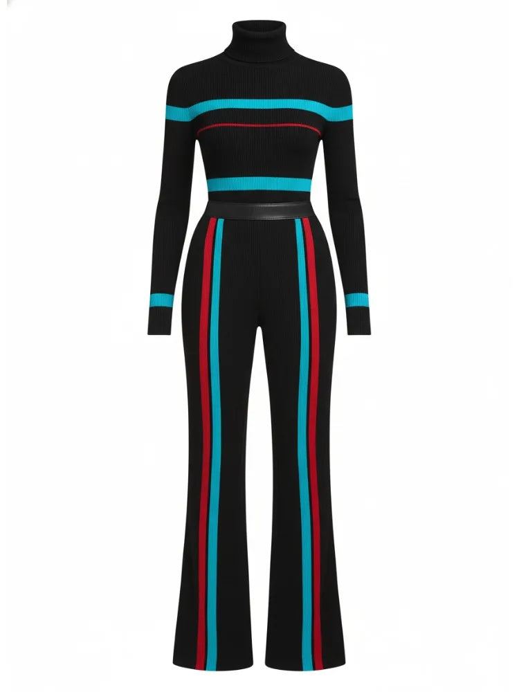 NastyENF Cozy Days Contrast Color Striped Turtleneck Sweater and High Waist Straight Pants