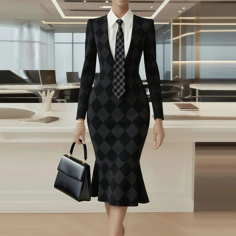 NastyENF Standing On Business Elegant Lattice Print Fishtail Dress