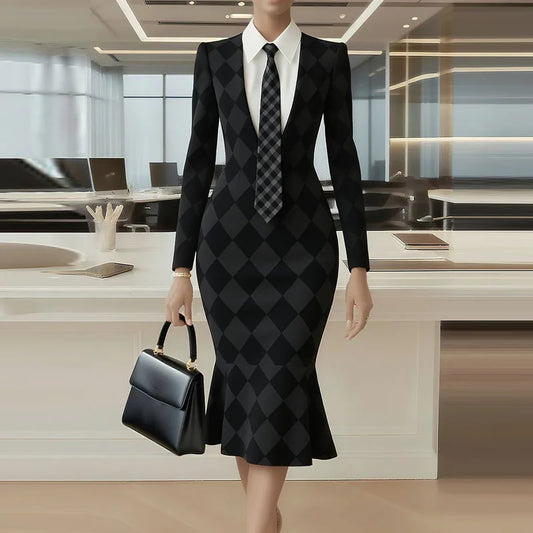 NastyENF Standing On Business Elegant Lattice Print Fishtail Dress